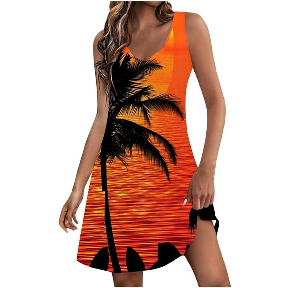 JURANMO Women's Sleeveless Midi Dresses, Summer Lightweight Midi Hawaiian Dresses All Over Print Sleeveless A Line Midi Dress with Pocket Todays Daily Deals Orange#1 XXL
