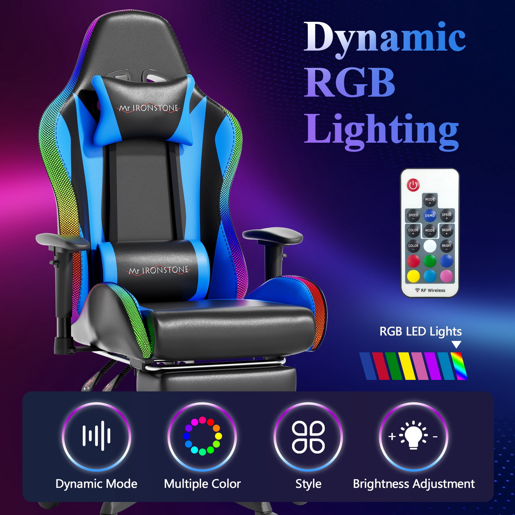 Mr IRONSTONE Gaming Chair for Adults, 7 Point Massage Computer Chair with Bluetooth Speakers RGB, Heavy Duty 400lbs Ergonomic PC Chair with 3D Armrests Footrest, Blue/Black