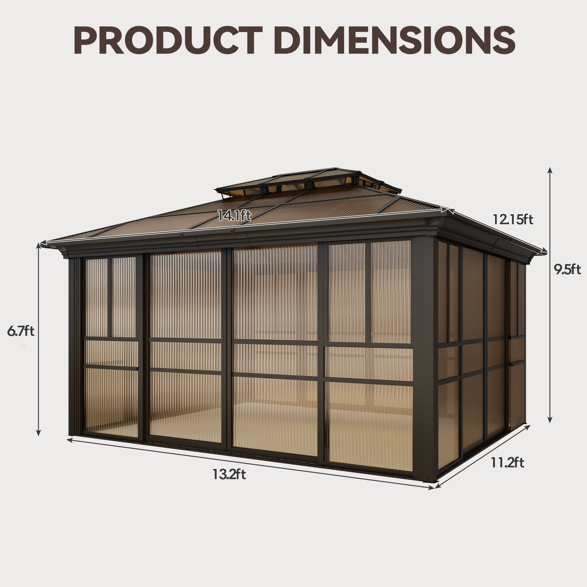 Hommow 12' x 14' Solarium Sunroom, Outdoor Hardtop Polycarbonate Roof Sun Room, Aluminum Frame Tiny House with Lockable Sliding Doors