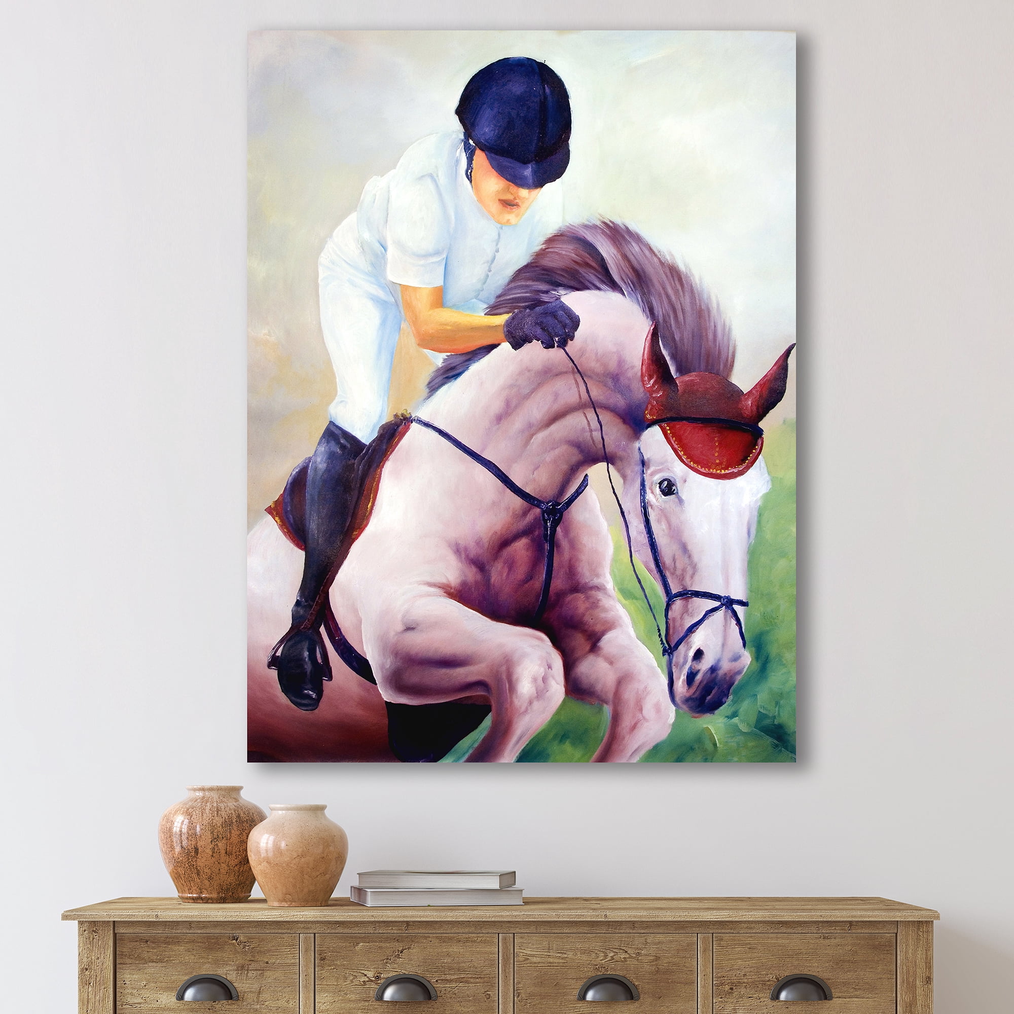 Jockey On Galloping Pink Horse 24 in x 32 in Painting Canvas Art Print, by Designart