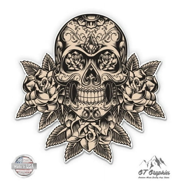 Sugar Skull with Flowers - 3" Vinyl Sticker - For Car Laptop I-Pad Phone Helmet Hard Hat - Waterproof Decal