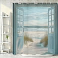 thumbnail image 5 of Blue Beach Barn Door Shower Curtain, Rustic Country Ocean Coastal Seaside Scenery Decor Bath Curtains, Retro Teal Wood Waterproof Bathroom Accessories Set, 72 x 72 inch with Hooks, 5 of 6