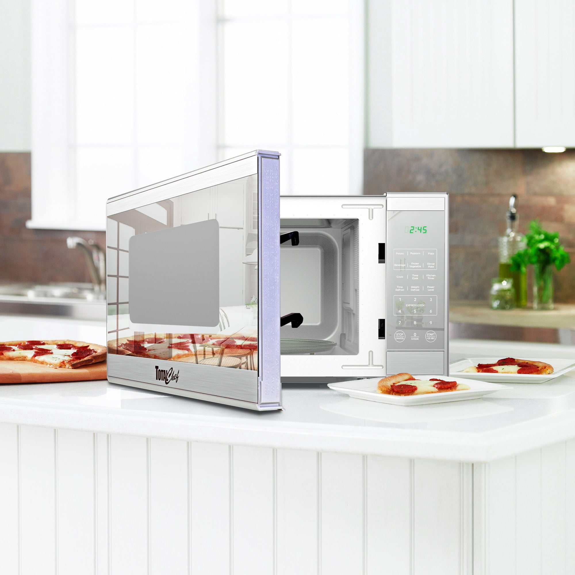 Total Chef Compact Countertop Microwave Oven, 1.3 Cu Ft. 1100W, 10 Power Levels, 6 Auto Cook Pre-Sets, Express Cook, Digital Touchscreen Controls, Child Lock, Timer, Mirrored Finish, Stainless Steel