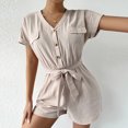 thumbnail image 2 of Babysbule Women Shorts Fashion Women Short Sleeve V-Neck Solid Bandage Casual Short Jumsuit, 2 of 7