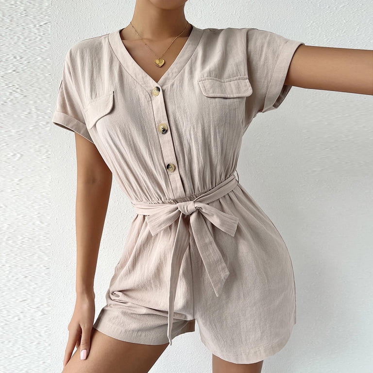 ladies dress shorts jumpsuit Sheghy Romper with Underneath 100%Cotton Ladies' Casual and Fashionable Hanging Neck Collar Solid Color Sleeveless Jumpsuit, Women's Beachy Travel Outfits Women's Jumpsuits & Rompers |