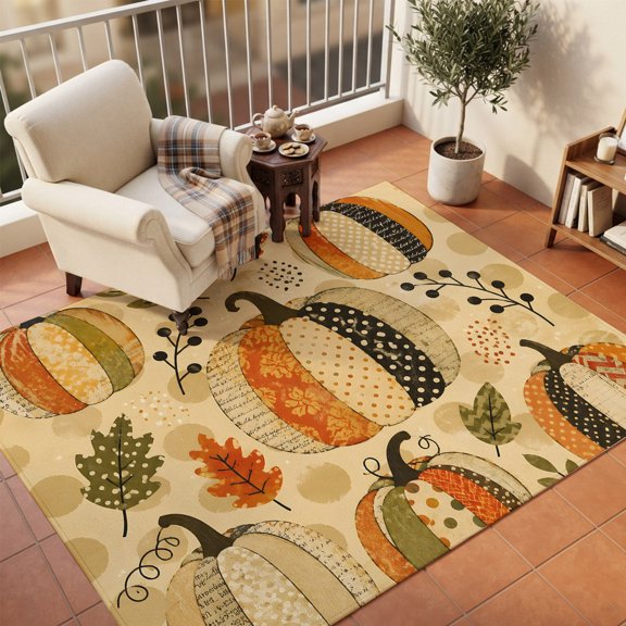 Area Rugs 5'x7', Vintage Pumpkins Fall Carpet Runner Indoor Outdoor Rugs Home Decor Aesthetic, Thanksgiving Botanical Leaves Non Slip Mats Washable Accent Rug for Living Room Bedroom