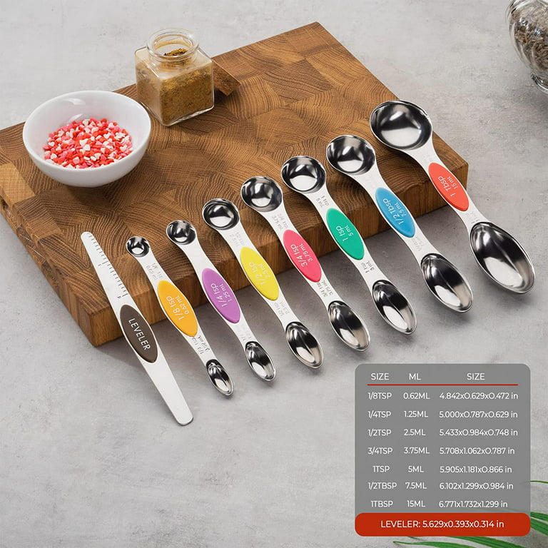 Magnetic Measuring Spoons Set of 7 Stainless Steel Stackable Dual Sided Teaspoon Tablespoon for Measuring Dry and Liquid Ingredients, Fits in Spice