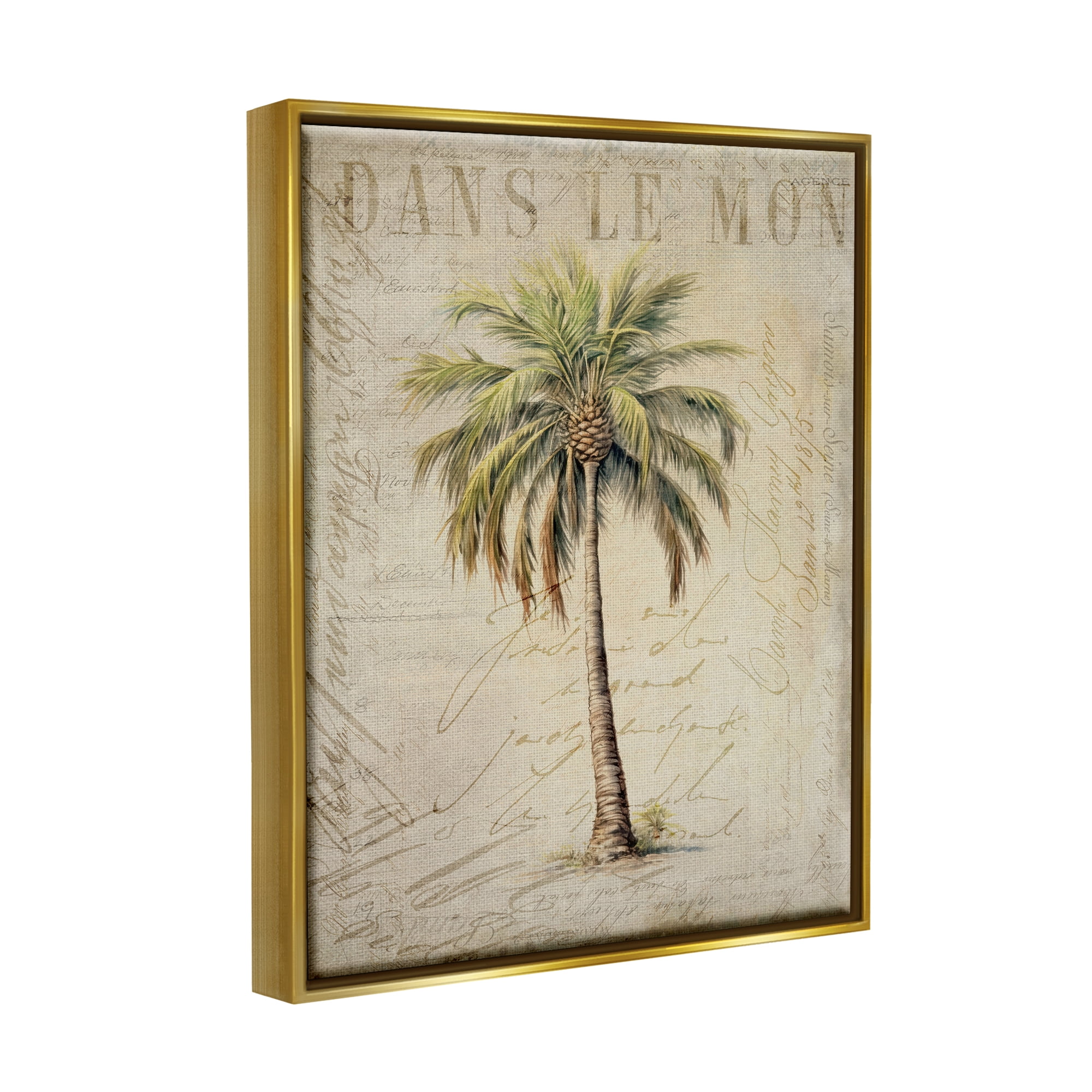 Stupell Industries Vintage Palm Tree Botanical & Floral Painting Gold Floater Framed Canvas Art Print Wall Art, 17 x 21
