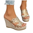thumbnail image 3 of Bmisegm Ladies Summer Rhinestone Bright Leather Thick Bottom Large Size Slope Heel Sandals Slippers Womens Sandals Summer Gold 9, 3 of 9
