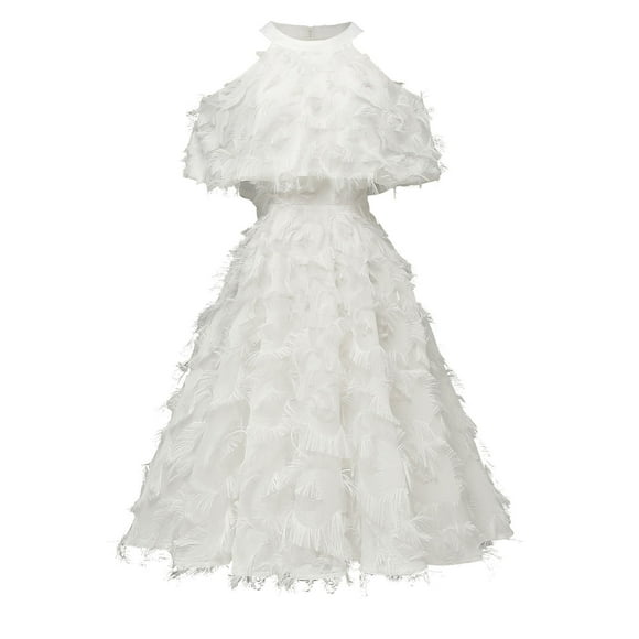 HKEJIAOI Savings Clearance Fringe Dress Off The Shoulder Dresses for Women Women's Fashion Feather Sleeveless Evening Dress Party Dress Large Hem Hkirt White