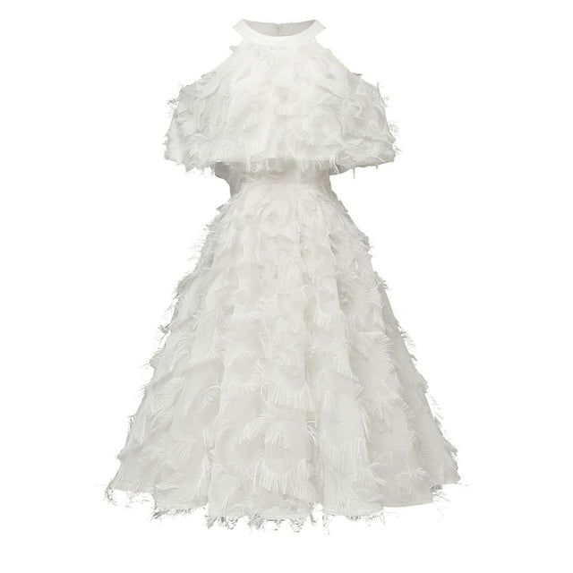HKEJIAOI Liquidation d'Économies Robe à Franges Robes à Épaules Dénudées pour Femmes Mode pour Femmes Plume Sans Manches Robe de Soirée Robe de Fête Ourlet Grand Jupe Blanche