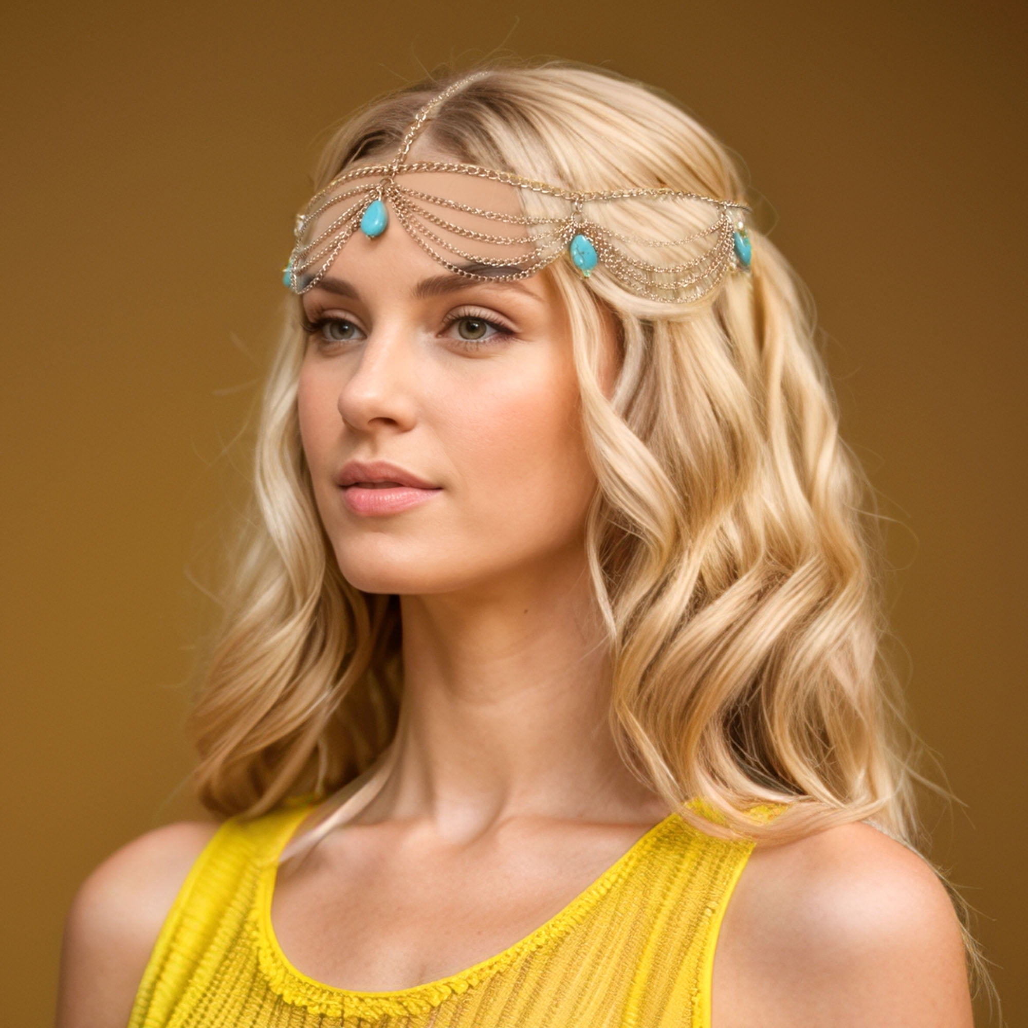 Unique Bargains Headpiece Vintage Faux Gemstone Head Chain Gold Tone 1 Pc