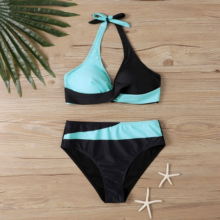 POROPL Swim Suits for Women 2025 Fashion Bikini Halter Top Bandeau Swim Color Block Swim Blue