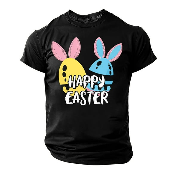 Plus Size Shirts for Men under $5 Short Sleeve Crew-neck Easter Eggs Rabbit Print Top Shirt Black S