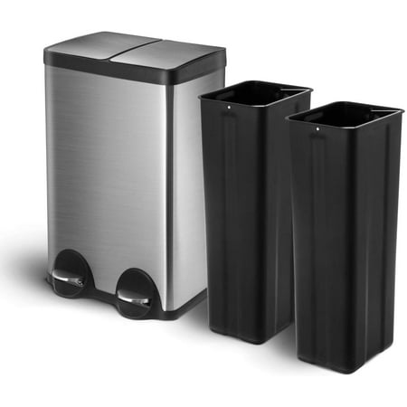 Home Zone Living 13 Gallon Kitchen Trash Can, Dual Compartment Recycle Combo, Slim Stainless Steel, 50 Liter