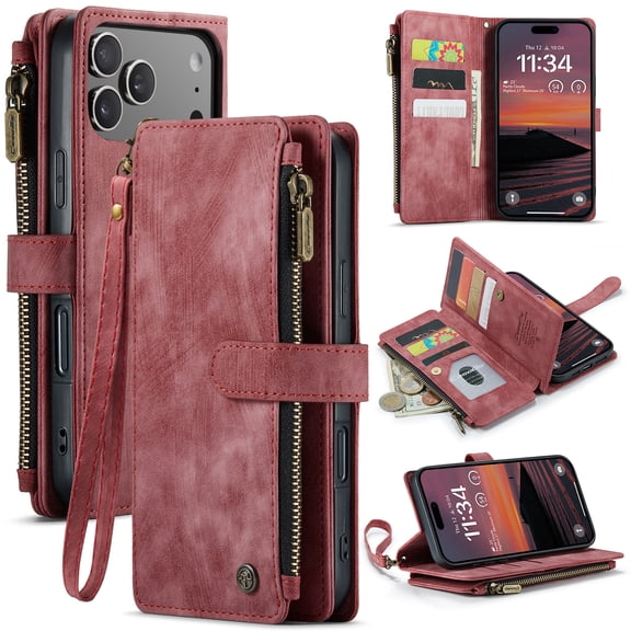 for iPhone 17 Pro Max Wallet Case with 10 Card Slots, Zipper Pocket and Magnetic Flip Folio, RFID Blocking Card Holder Stand Leather Detachable Wristlet Strap 3-in-1 Case for Women and Men,Red