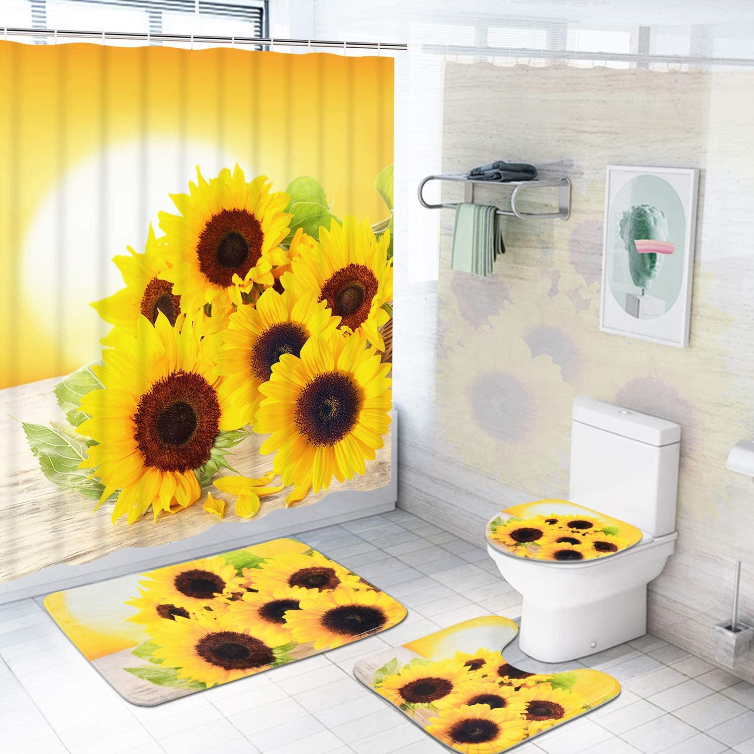 FRAMICS Yellow Sunflower Pattern Polyester Shower Curtain and Rug Sets