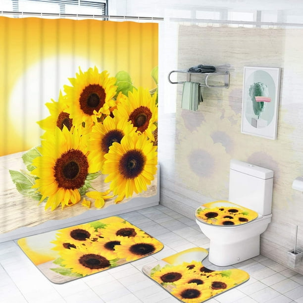FRAMICS Yellow Sunflower Pattern Polyester Shower Curtain and Rug Sets Bathroom Decor Set
