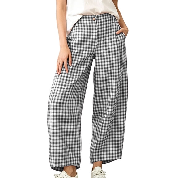 cocolona Womens Casual High Waist Curved Plaid Pants Elastic Waist Wide Leg Gym Workout Cropped Pants with Pockets