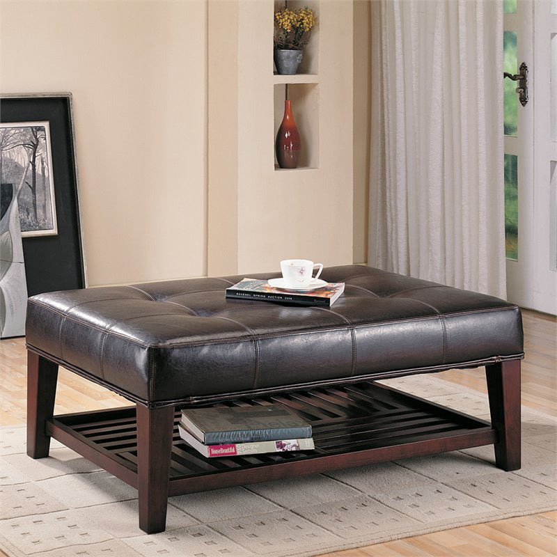 Bowery Hill Faux Leather Coffee Table, Large Tufted Leather Ottoman Coffee Table