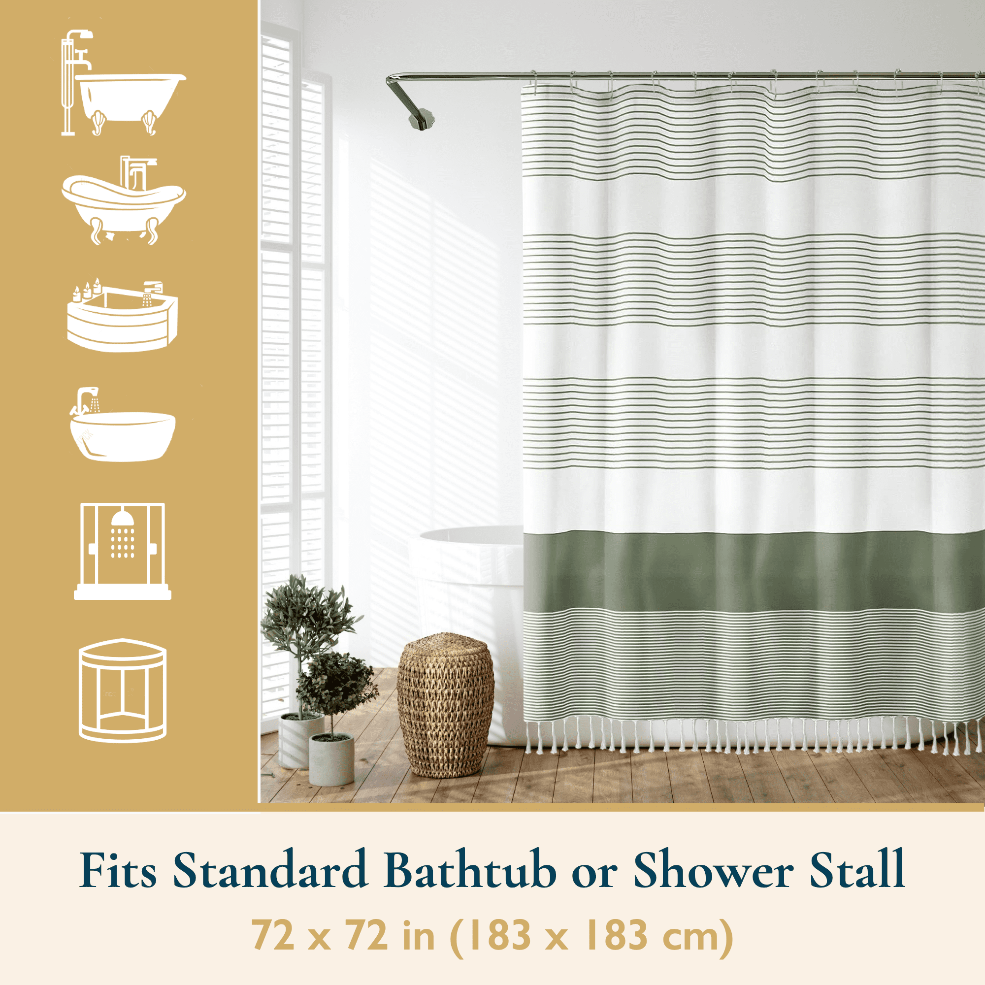 ComfiTime 13-Piece Tassel Shower Curtain Set with Hooks – Heavy-Duty Fabric Cloth, Boho Farmhouse Bathroom Curtain, Striped Hotel Luxury Linen, Water-Repellent, Machine-Washable, 72” x 72”, Green