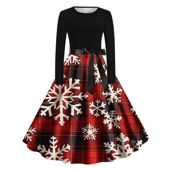 Lorytime 50s Dresses for Women Christmas Snowflakes Crew Neck A Line Dress Long Sleeve Party Dresses with Belt