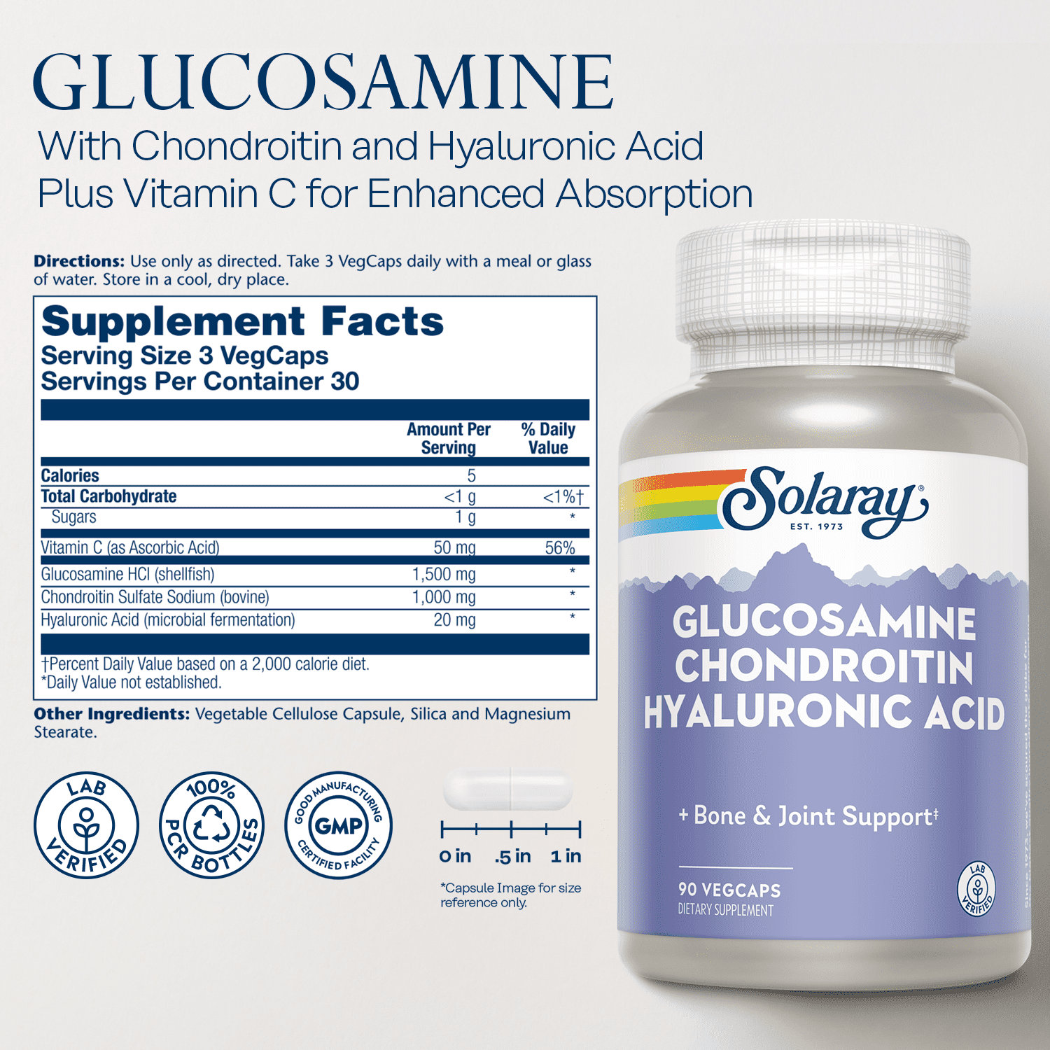 Solaray Glucosamine Chondroitin Hyaluronic Acid | Healthy Joint Comfort & Mobility with Vitamin C | 30 Serv, 90 VegCaps