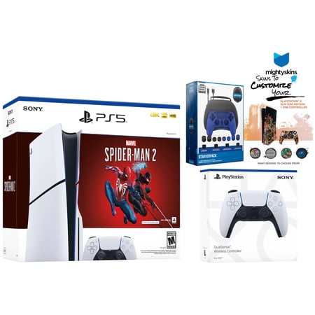 Sony PlayStation 5 Slim Disc Marvel’s Spider-Man 2 Bundle with Extra Glacier White Controller, Pro Gamer Starter Kit and MightySkins Decal Voucher