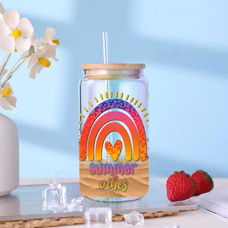 UV DTF Transfer Sticker Summer Beach Tree For The 16oz Libbey Glasses Wraps Bottles Cup Can DIY Waterproof Custom Decals D6993