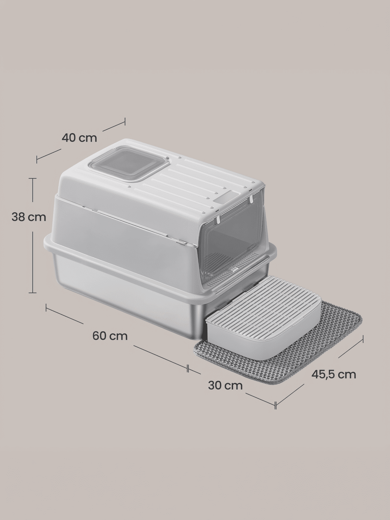 LEDREM Stainless Steel Cat Litter Box with Flip Lid and Litter Catcher, 2-Door Enclosed Litter Box for Cats up to 33 lb, Light Gray