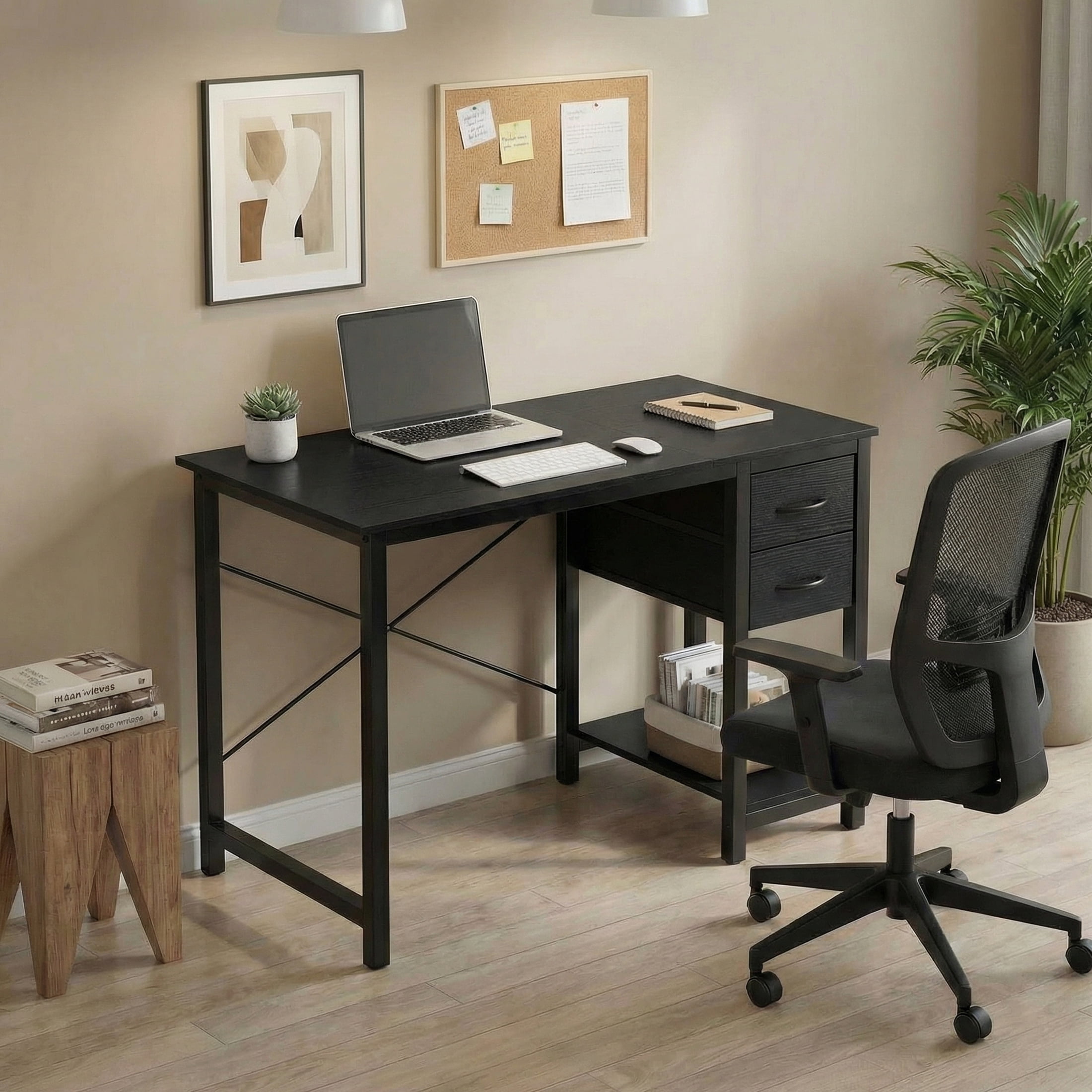 CONCETTA 40in Small Computer Desk with 2 Drawers, Writing Work Study Computer Desk, Side Headphone Hook, Modern Style for Home Bedroom, Black Wood