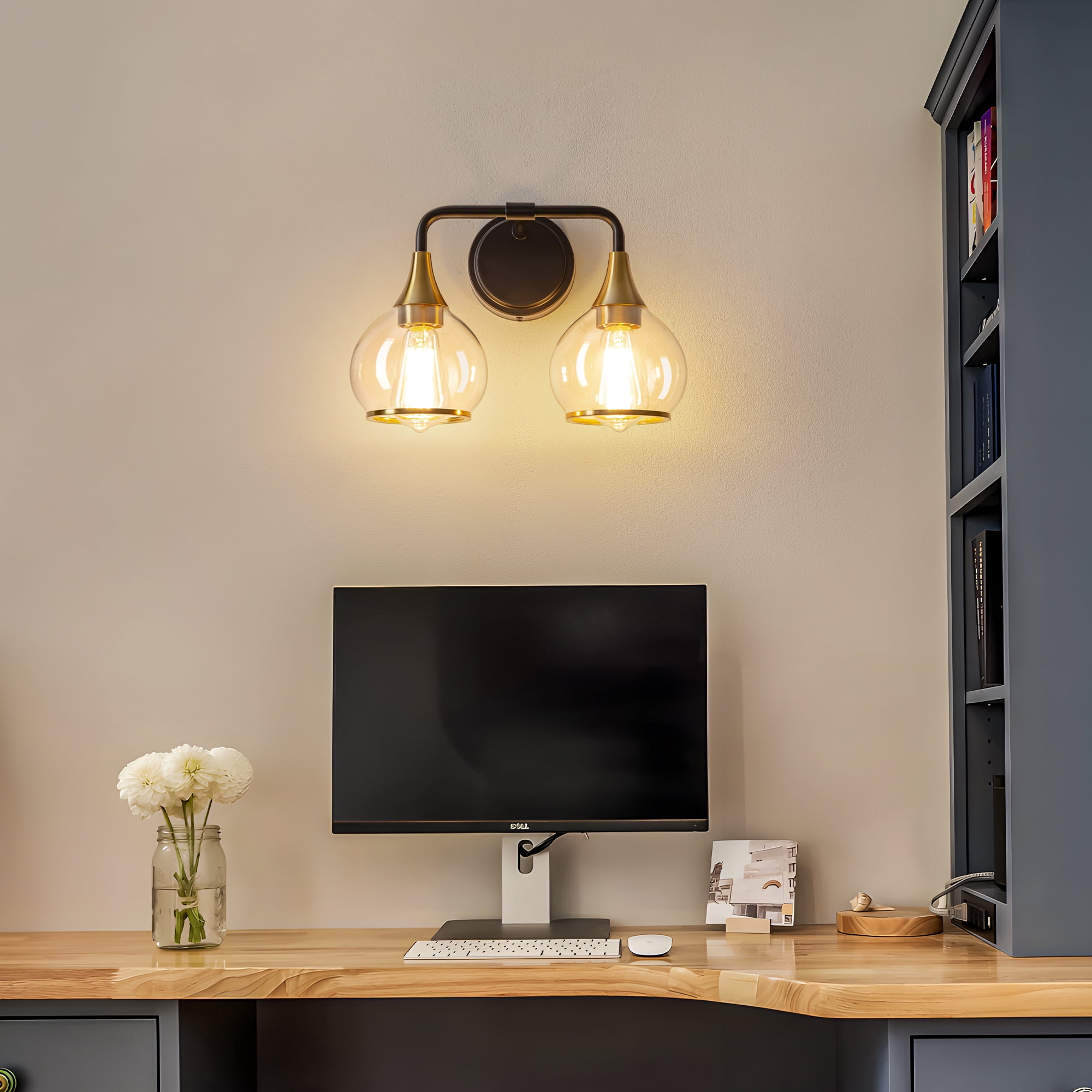 KAISITE 2-Light Black and Gold Modern Dimmable Vanity Lights with Globe Glass
