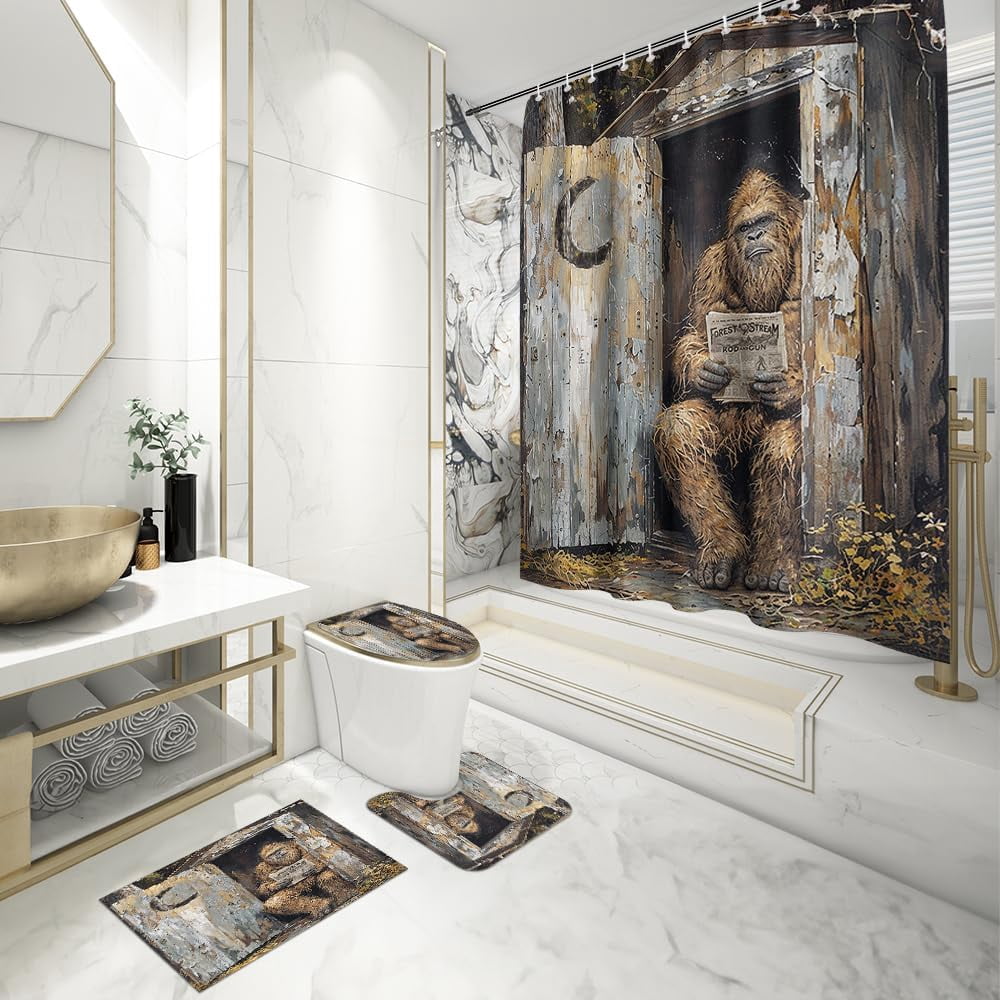 4PCS Vintage Bigfoot Sasquatch Shower Curtain Sets,Funny Animal Bathroom Sets with Non-Slip Rugs,Toilet Lid Cover,Bath Mat,Shower Curtain with 12 Hooks Farmhouse Bathroom Sets Decor