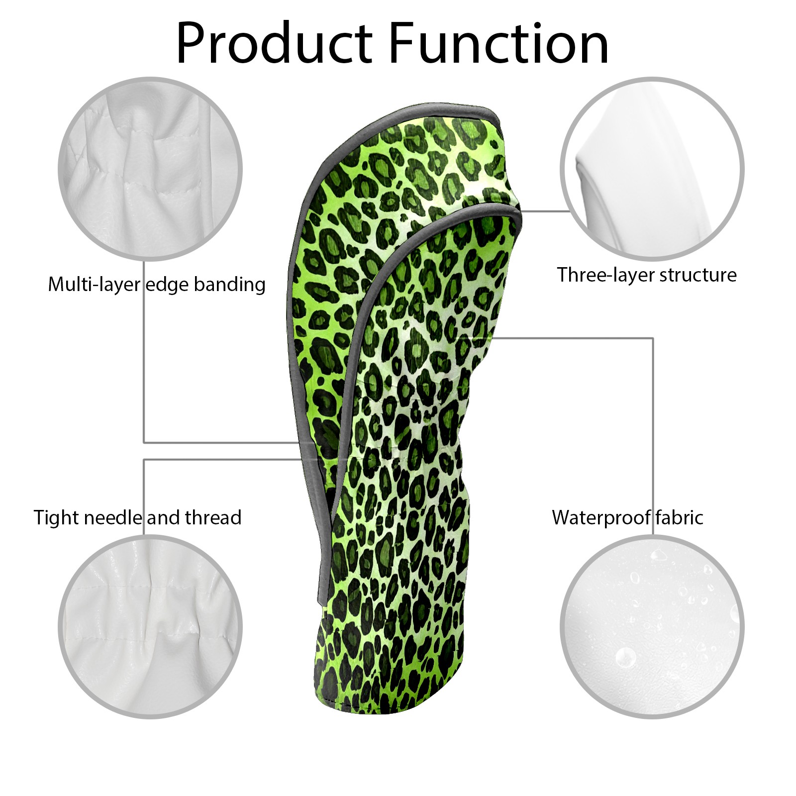 Golf Club Covers, Green Leopard Print Premium PU Leather Driver Hybrid Putter Head Covers with Velvet Lining, Waterproof Golf Gifts for Men Women