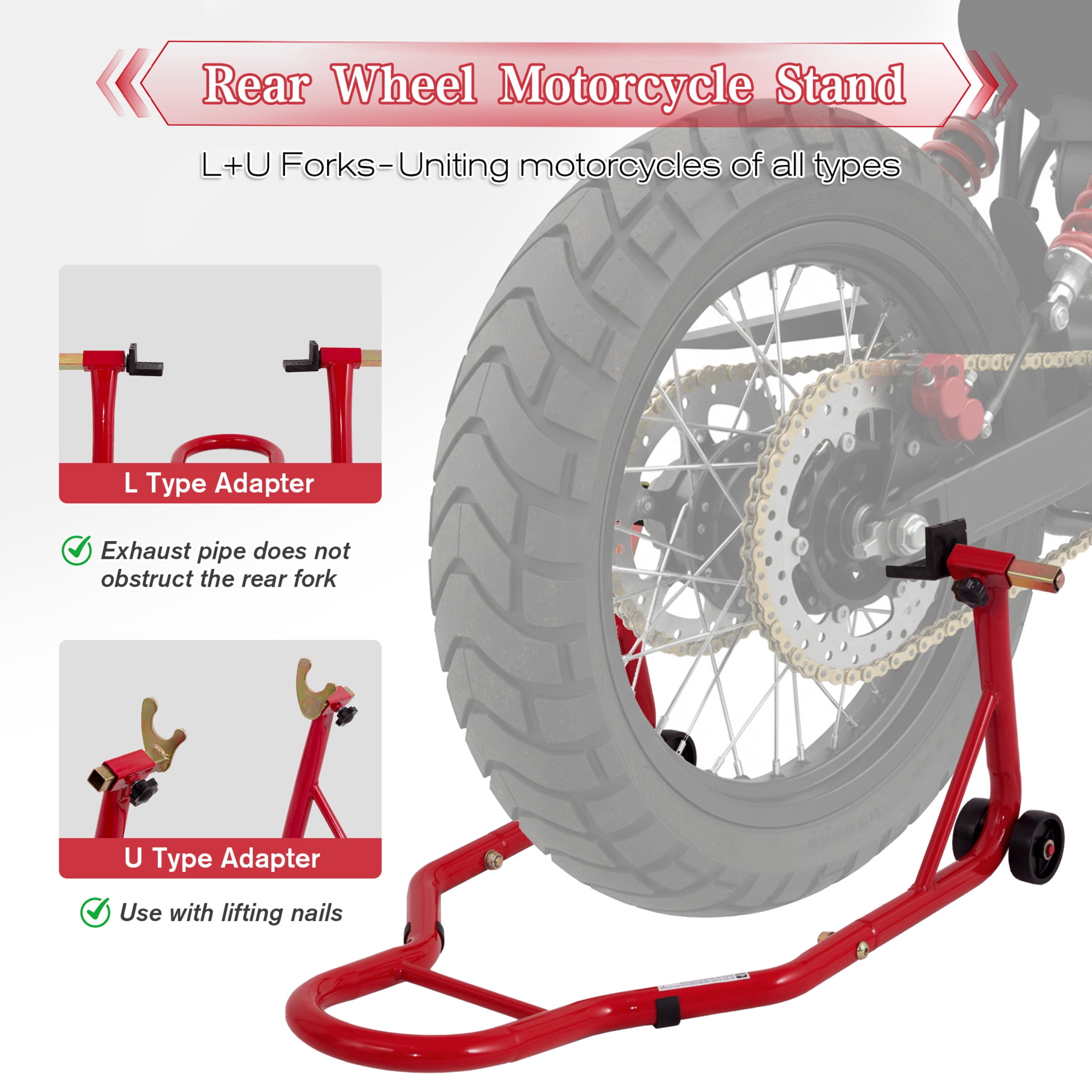 Noble House Universal Motorcycle Front and Rear Lift Stand, Heavy Duty Universal Wheel Paddock Stand, Red