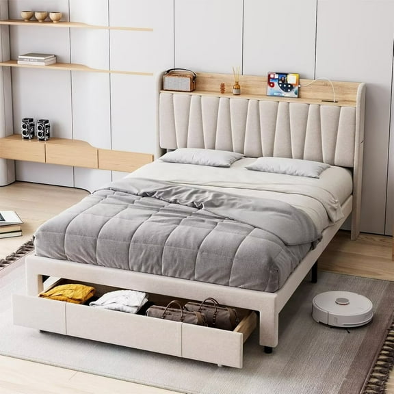 Full Size Platform Bed Frame with Storage Headboard & Charging Station, Upholstered Bed Frame with Drawers, No Box Spring Needed, Easy Assembly, Beige
