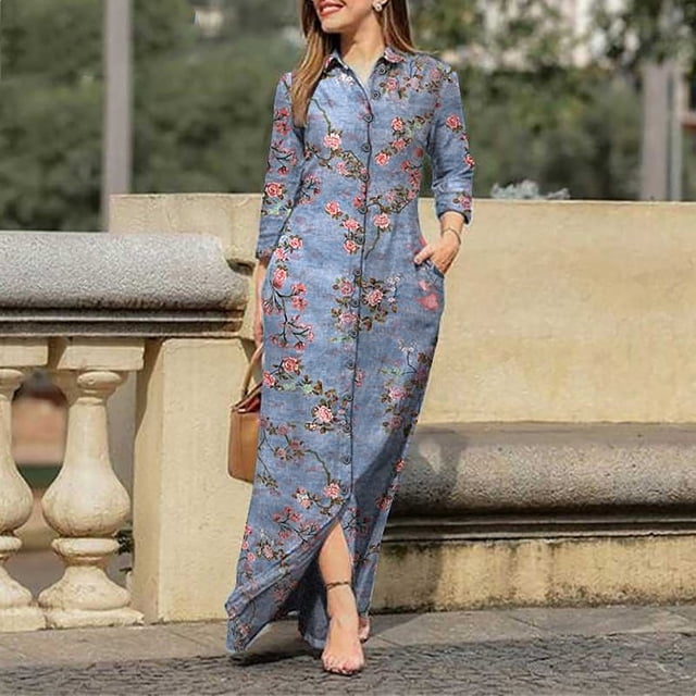 pstuiky Robes d'Été pour Femmes, Robe Décontractée pour Femmes à Col Rabattu à Manches Longues avec Poche, Robes Longues Imprimées, Robes en Denim en Liquidation. Cette Robe Met en Valeur un Tissu Façon Denim avec un Imprimé floral, un Col Rabattu, des Manches Longues et une devant Boutonné. Elle Comprend des Poches Latérales et une Fente avant, la Rendant Adaptée aux Sorties Décontractées du Printemps et de l'Été.
