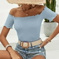 thumbnail image 7 of Diufon Tops for Women Summer Casual Solid Color Ruffle Tees off Shoulder Short Sleeve Blouses, 7 of 7