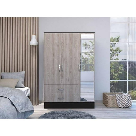 Light Oak & Black Three Door Wardrobe Closet with Mirror