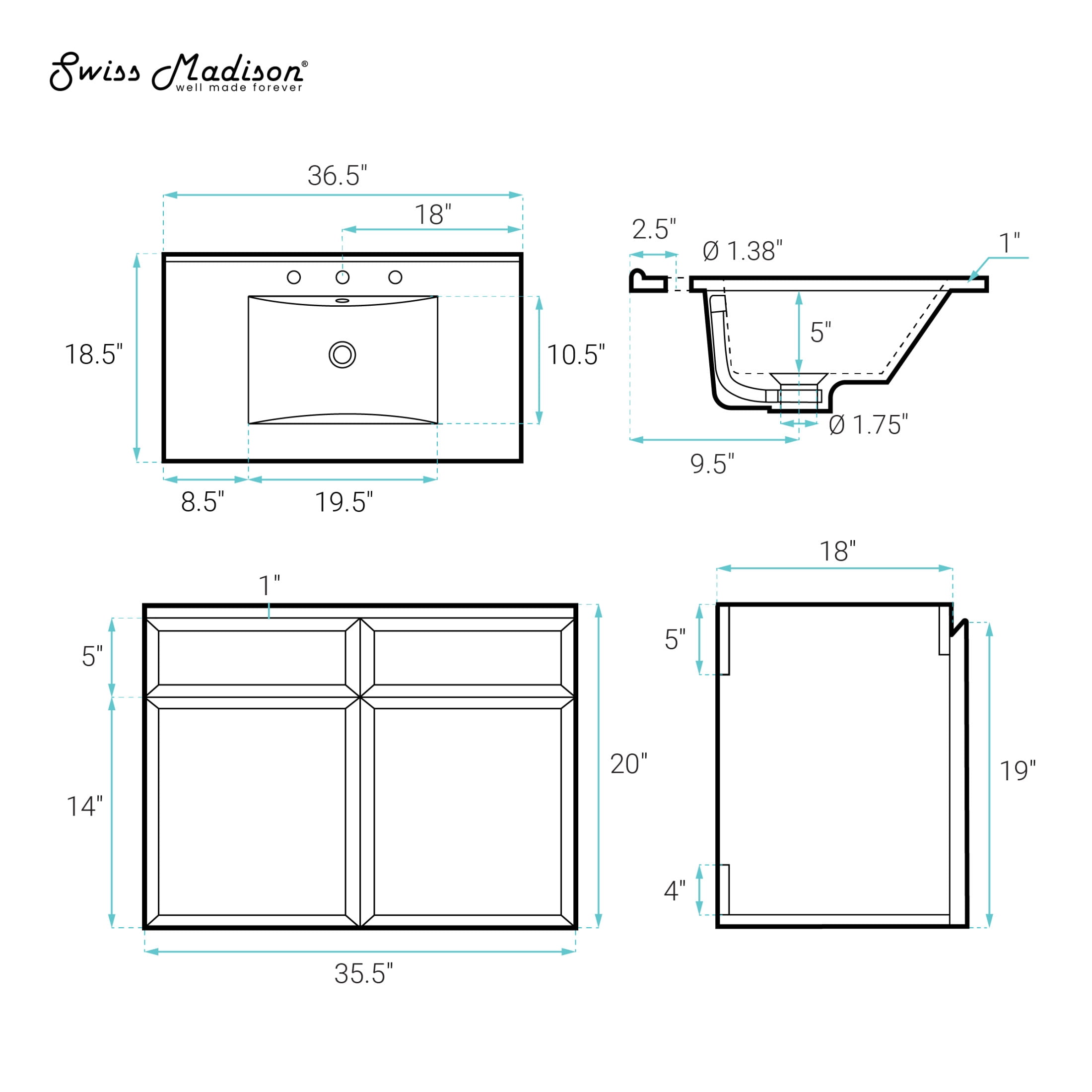 St. Tropez 36" Wall-Mounted Bathroom Vanity in Natural Oak with Black 3-Hole Widespread Sink Top