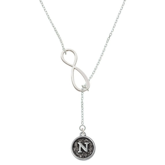 Delight Jewelry Silvertone Antiqued Round Seal - Initial - N - Silver tone Elegant Infinity Lariat Necklace