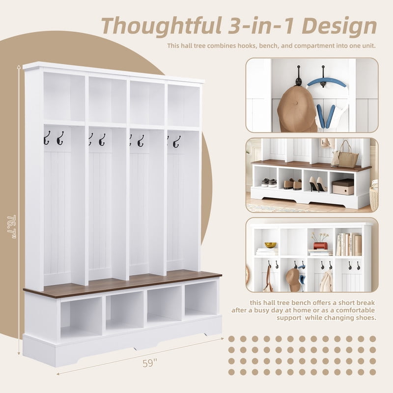 Farmhouse Hall Tree with Bench and 8 Hooks, 76.7" Entryway Coat Rack with Shoe Storage Compartments, 3-in-1 Mudroom Organizer, Hall Tree Bench for Entryway, Living Room