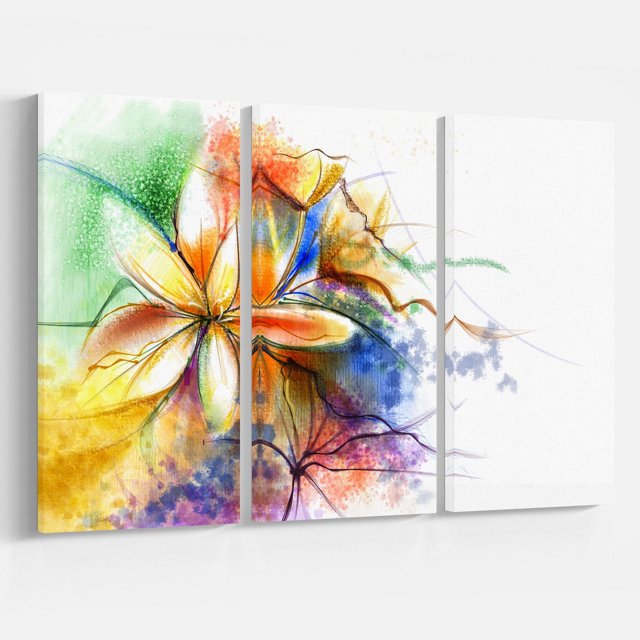 Design Art Multi Color Flower Fusion Canvas Print, a three-panel gallery wrapped cotton canvas featuring an abstract floral design in vibrant orange, yellow, green, blue, and purple hues. Ready to hang wall art made in Canada, suitable for modern home or office décor.