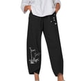 thumbnail image 4 of ICHUANYI Clearance Women Lady Casual Pocket Flowers Print Elastic Waist Wide Leg Pants Trousers(Black, M) ICHUANYI WER2023081206424, 4 of 8