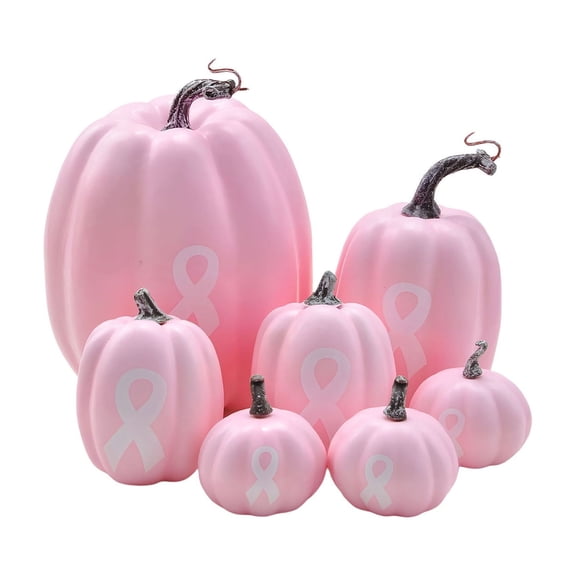 7Pcs Simulation Pumpkin Ornament, Lifelike Pink Pumpkin Model with Pink Ribbon, Funny Desktop Ornament for Fall Harvest Halloween Thanksgiving Decor