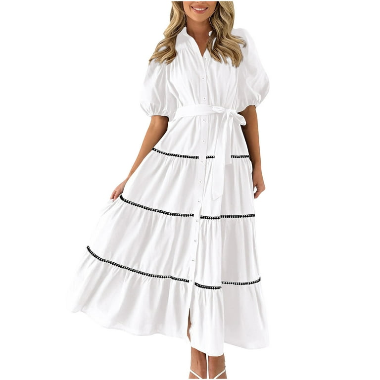 Blmnix White Dresses for Women Long Summer Short Sleeve Modest Solid  Pleated Ruffle Peasant Trendy Skirts - Walmart.com