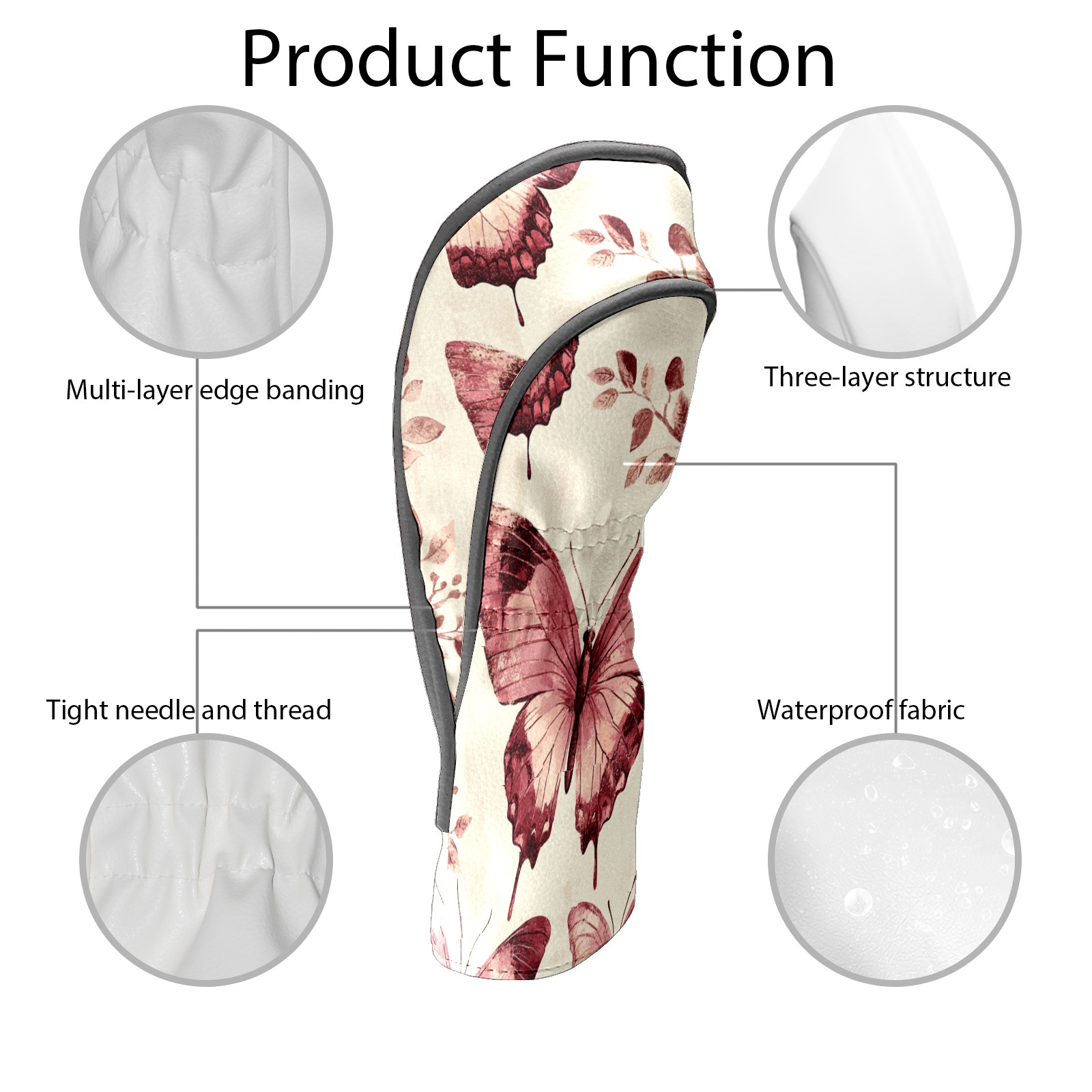Golf Club Covers PU Leather Waterproof Head Covers for Fairway Woods Hybrids Rose-red Butterfly