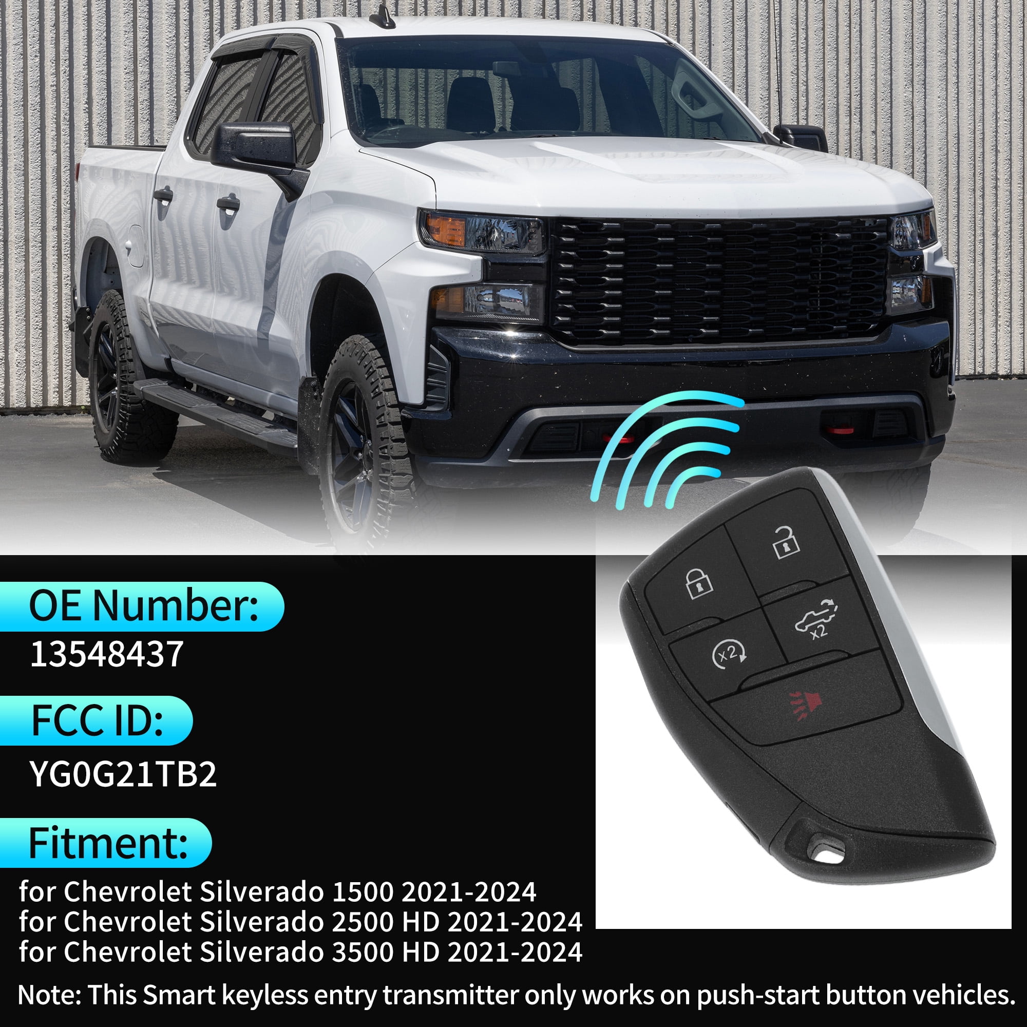 YG0G21TB2 433 MHz Replacement Keyless Entry Remote Smart Key Fob for Chevrolet Silverado 1500 2500 3500 HD 2021-2024 13548437 5 Buttons