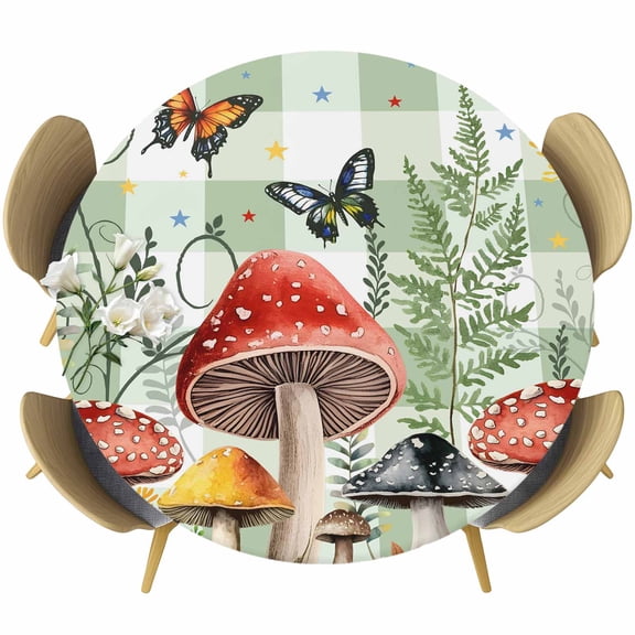 Mushrooms Round Tablecloth, Fitted Table Cover with Elastic for 45"-54" Round Tables, Sage Green Plaid Butterfly Botanical Plants Table Cloth Outdoor Indoor Dinning Party Waterproof Tablecloths