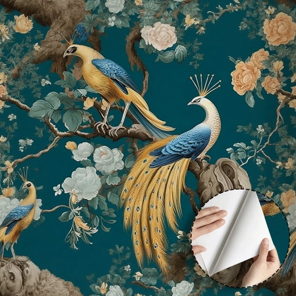 Vintage Peacock Floral Wallpaper, Boho Aesthetic Peel and Stick Wallpaper, Waterproof Contact Paper for Wall Decoration, Living Room Bedroom Kitchen Cabinet Rental Property 17.7 * 118 in
